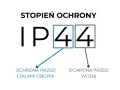 Stopień ochrony IP44 oznacza ochronę przed ciałami stałymi większymi niż 1 mm i przed bryzgami wody.