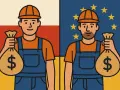 Dwaj pracownicy z workami pieniędzy. Jeden stoi na tle flagi Polski, drugi na tle flagi UE. Porównanie kosztów instalacji elektrycznej.