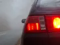 Czerwone światła przeciwmgielne tylne świecą na mglistej drodze, zwiększając widoczność.