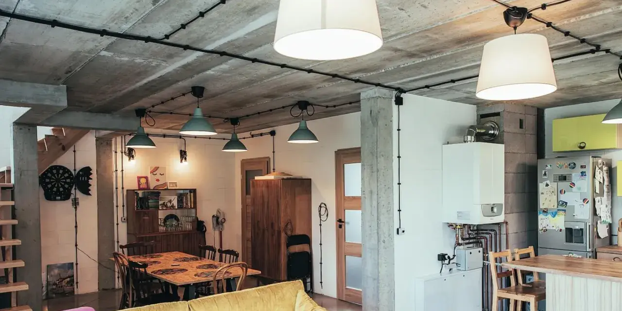 Nowoczesne wnętrze z widoczną instalacją elektryczną natynkową na betonowym suficie. Wygodna kanapa, stół jadalniany i kuchnia.