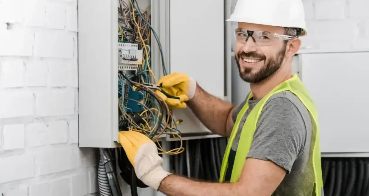 Uśmiechnięty elektryk w kasku i kamizelce pracuje nad instalacją elektryczną w domu, dbając o bezpieczeństwo i porządek.