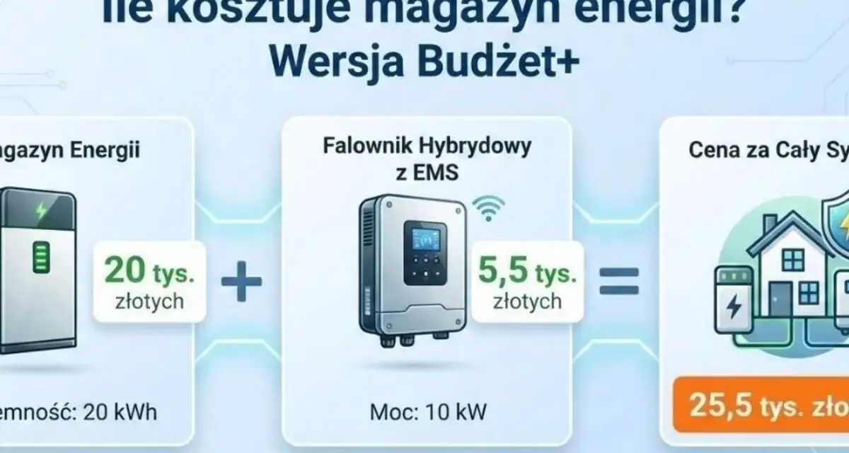 Ile kosztuje magazyn energii? Wersja Budżet+: magazyn 20 tys. zł + falownik 5,5 tys. zł = cały system 25,5 tys. zł.