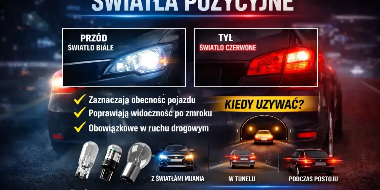 Światła postojowe: białe z przodu, czerwone z tyłu. Zwiększają widoczność w nocy i w tunelu. Bezpieczeństwo na drodze.