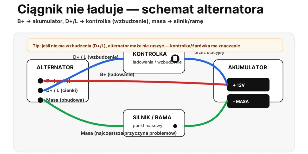 Schemat alternatora ciągnika. Objawy braku ładowania mogą wynikać z problemów z masą lub wzbudzeniem.