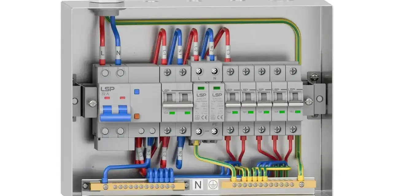 Wnętrze metalowej obudowy elektrycznej z wyłącznikami i przewodami. Widać bezpieczniki, listwy zaciskowe i oznaczenia L, N, PE. To profesjonalny rbk.
