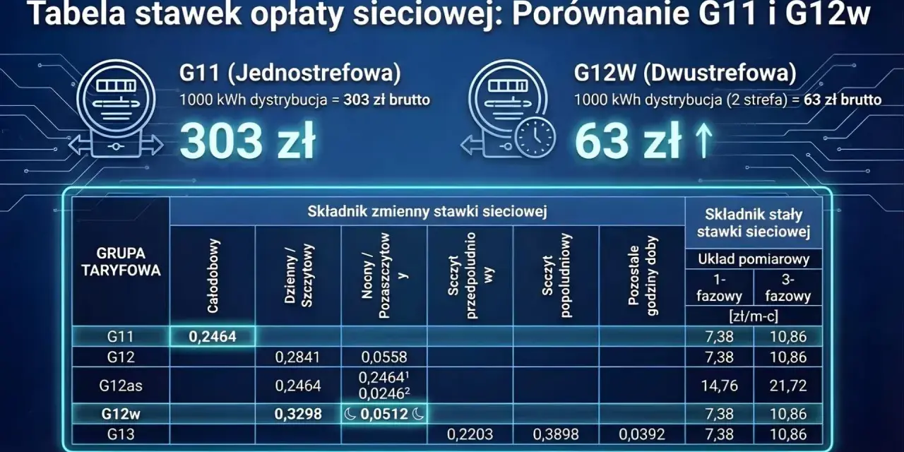 Porównanie taryfy urzędowej za prąd G11 (303 zł) i G12w (63 zł). Tabela pokazuje stawki zmienne i stałe dla różnych grup taryfowych.
