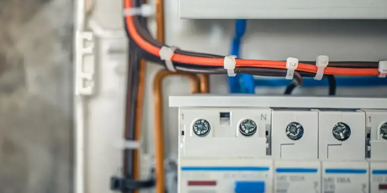 Nowoczesna instalacja elektryczna bezpuszkowa z uporządkowanymi przewodami w skrzynce rozdzielczej.