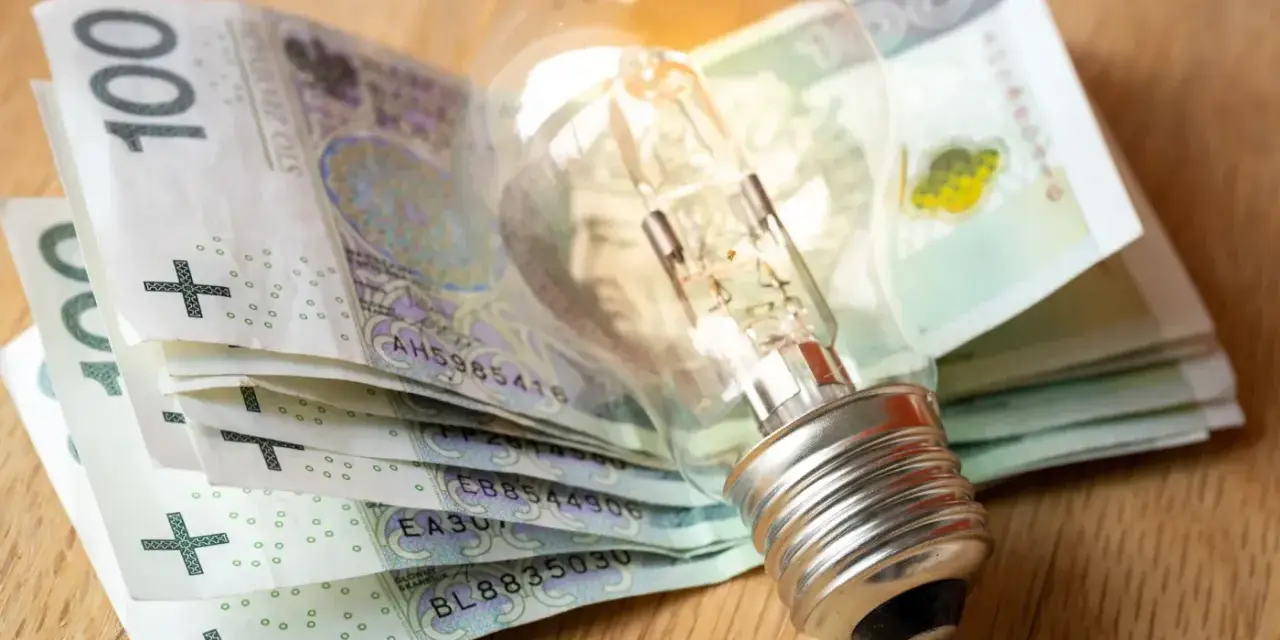 Żarówka na stosie banknotów 100 zł. Symbolizuje wysokie koszty energii i potrzebę wsparcia, np. dodatek energetyczny.