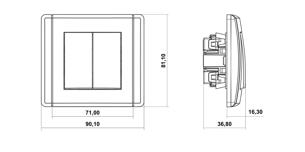 Rysunek techniczny przedstawia łącznik dwubiegunowy z dwoma klawiszami, z wymiarami 90,10 x 81,10 mm.
