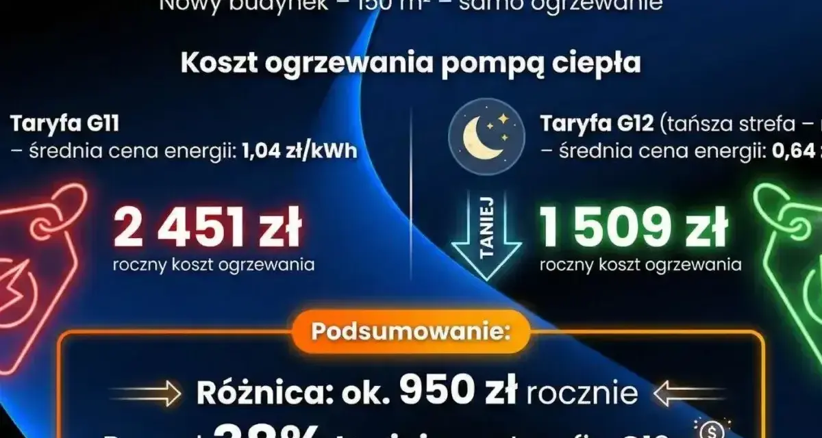 Porównanie kosztów ogrzewania pompą ciepła: taryfa G11 to 2451 zł rocznie, a taryfa G12 to 1509 zł. Oszczędność ponad 38%!