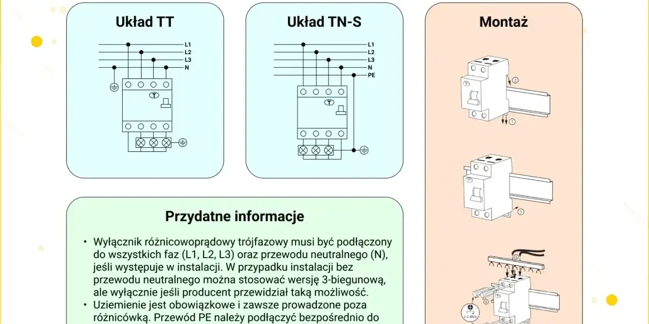 Schemat podłączenia różnicówki trójfazowej: układy TT i TN-S, montaż na szynie DIN. Informacje o podłączaniu faz, przewodu neutralnego i uziemienia.