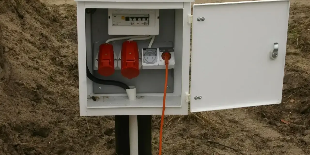Skrzynka elektryczna na działce bez domu, gotowa do podłączenia prądu. Widoczne gniazda i zabezpieczenia.