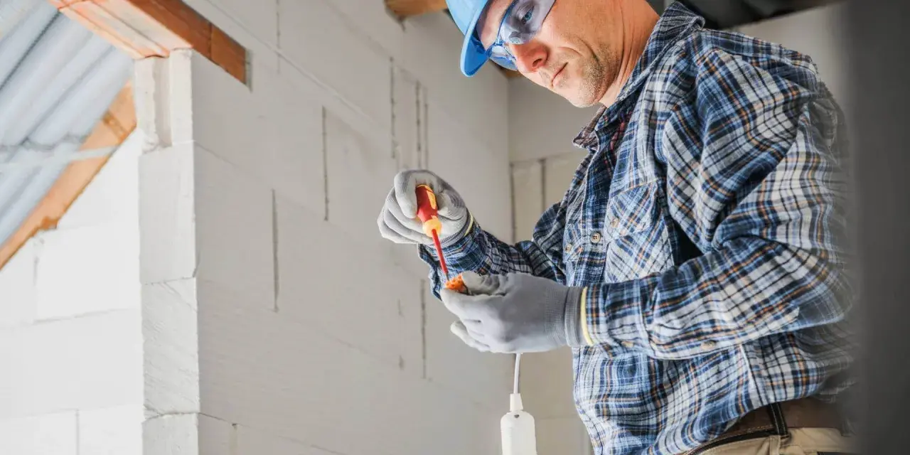 Elektryk w kasku i okularach montuje oprawkę żarówki. Sprawdź nasze usługi elektryczne cennik.