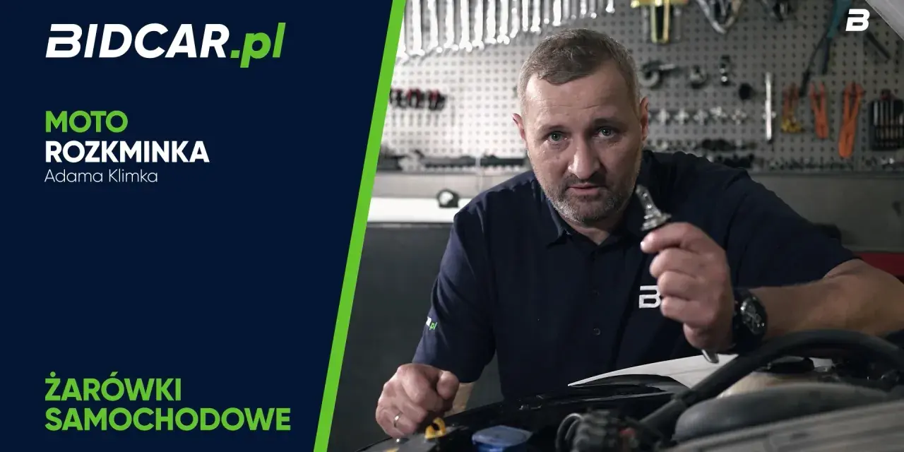 Mężczyzna pokazuje, jak wymienić żarówkę w aucie. W tle warsztat z narzędziami.