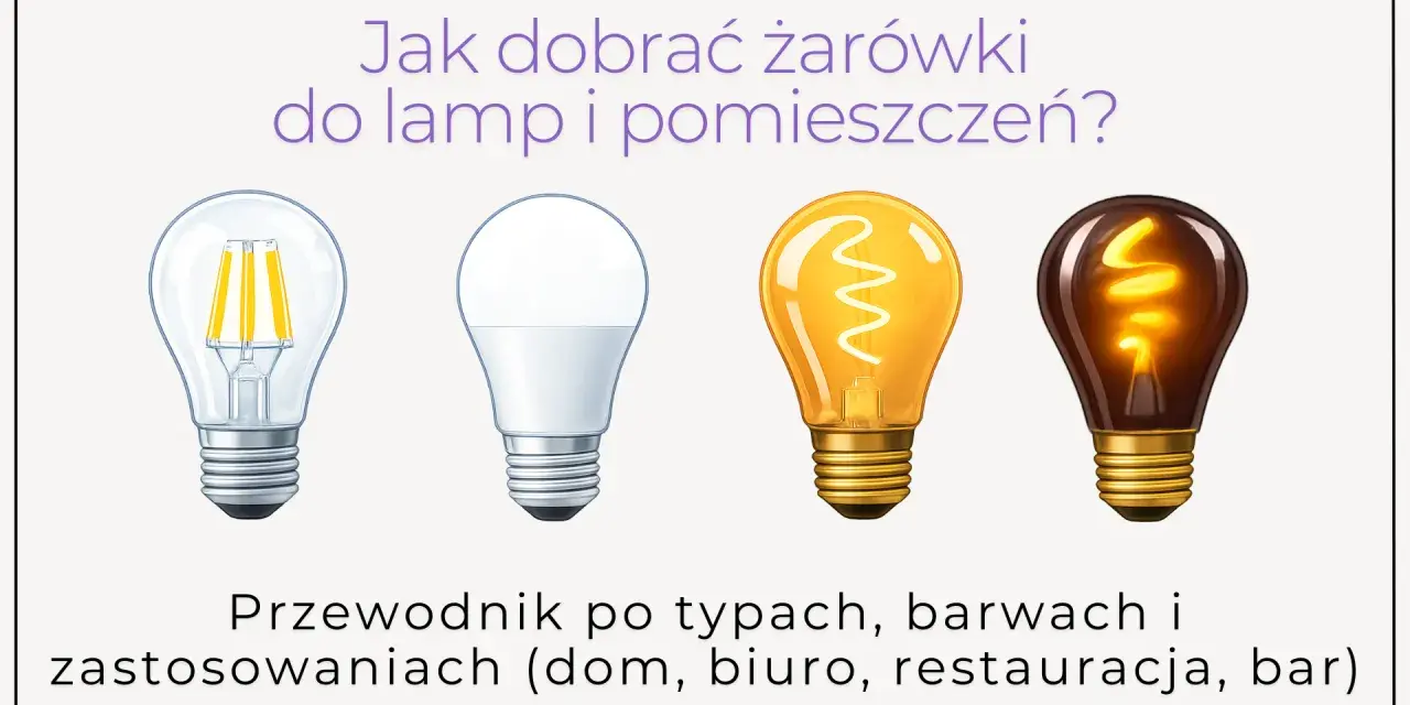 Cztery żarówki: LED filament, nowoczesna LED, tradycyjna żarowa i ozdobna. Przewodnik po doborze oświetlenia, np. do salonu Polux.