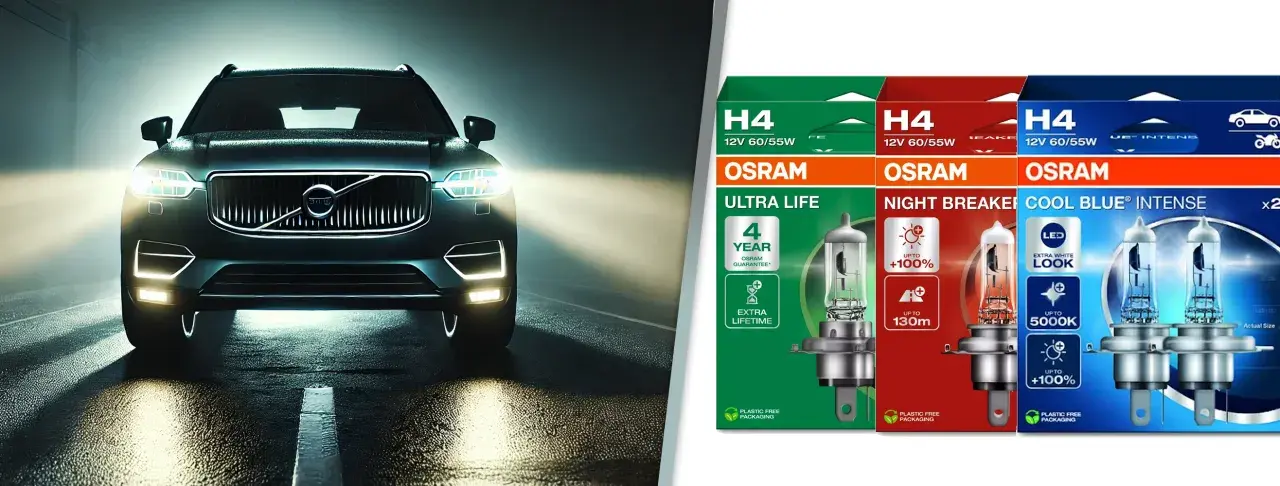 Ciemny samochód z włączonymi światłami pozycyjnymi na mokrej drodze. Obok opakowania żarówek OSRAM H4: Ultra Life, Night Breaker, Cool Blue Intense.