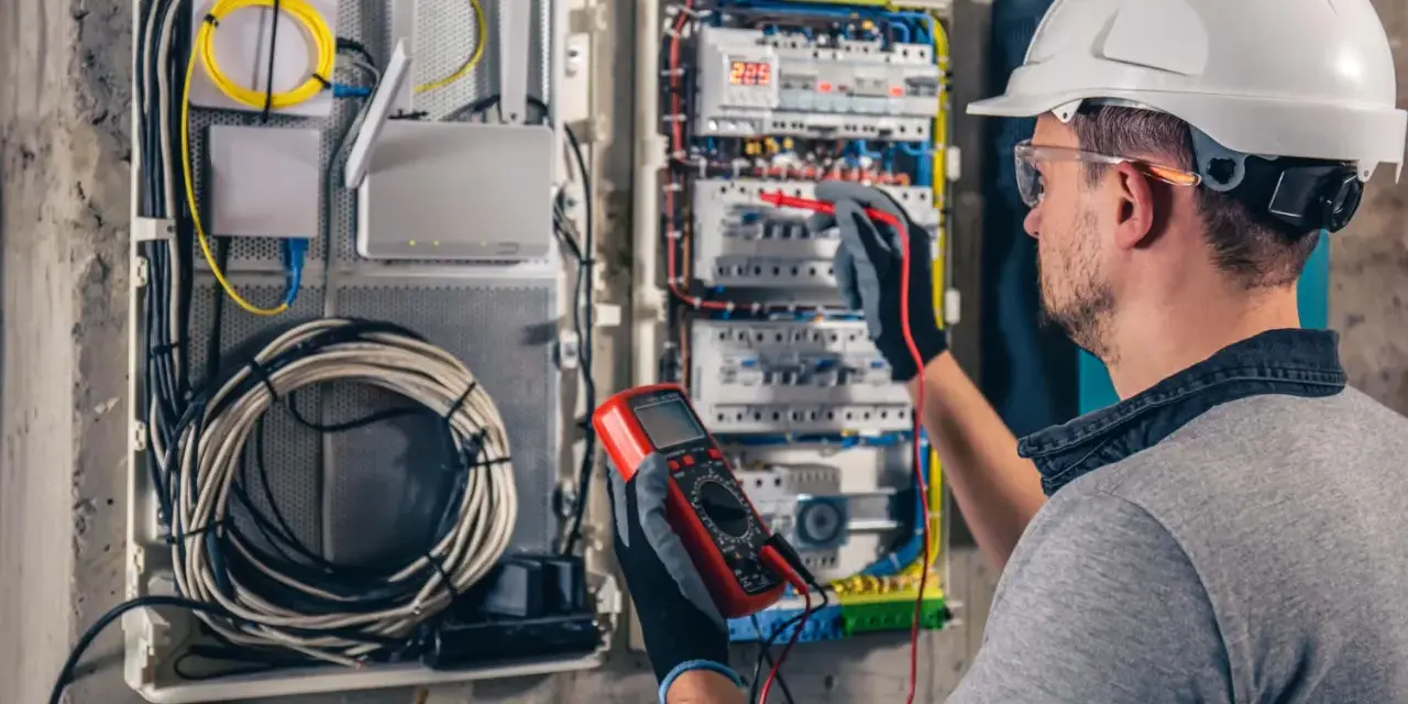 Elektryk z multimetrem sprawdza instalację elektryczną, dbając o kompensację mocy biernej.