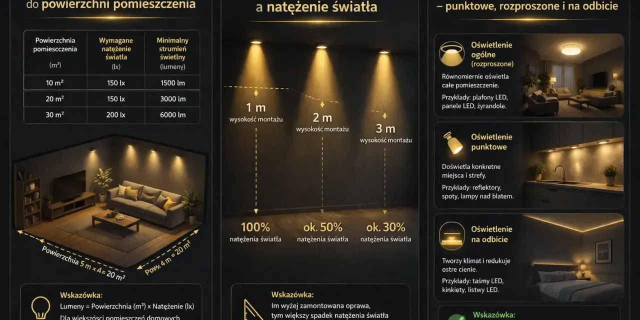 Dobór oświetlenia: 10 m² potrzebuje 1500 lm (150 lx), 20 m² - 3000 lm (150 lx), 30 m² - 6000 lm (200 lx).