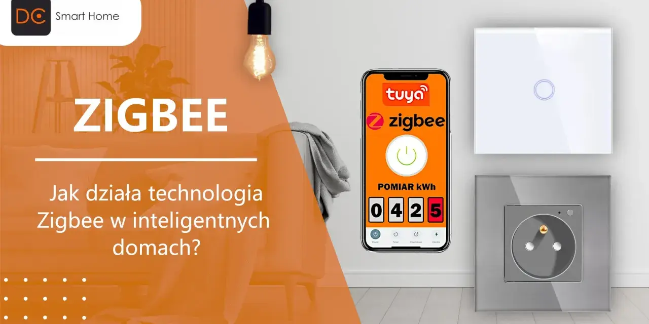 ZIGBEE to technologia dla inteligentnych domów. Na ekranie telefonu widać aplikację Tuya z pomiarem kWh, obok włącznik światła i gniazdko.