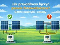 Ilustracja pokazuje prawidłowe i nieprawidłowe łączenie paneli fotowoltaicznych. Po lewej poprawny schemat z zielonym zaznaczeniem, po prawej błąd z czerwonym wykrzyknikiem.