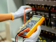 Elektryk sprawdza instalację multimetrem. Poznaj wymiana instalacji elektrycznej koszt i dowiedz się, jak uniknąć nieprzewidzianych wydatków.
