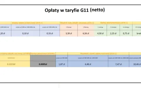 Tabela opłat G11 netto: ile kosztuje 1 kWh PGE? Zmienne stawki sieciowe od 0,2223 zł/kWh, opłaty stałe i abonamentowe zależne od zużycia i okresu.