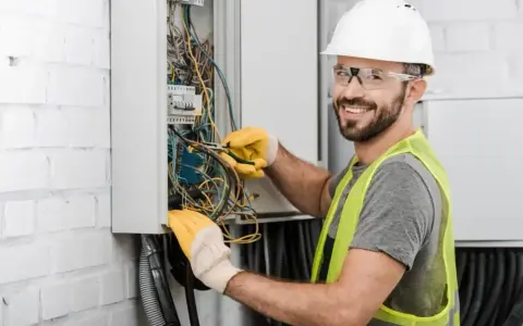 Uśmiechnięty elektryk w kasku i kamizelce pracuje nad instalacją elektryczną w domu, dbając o bezpieczeństwo i porządek.
