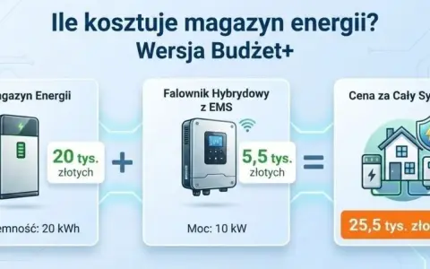 Ile kosztuje magazyn energii? Wersja Budżet+: magazyn 20 tys. zł + falownik 5,5 tys. zł = cały system 25,5 tys. zł.