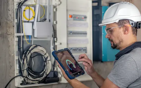 Technik w kasku i okularach ochronnych sprawdza przegląd instalacji elektrycznej domu na tablecie. Widoczne przewody i rozdzielnica.