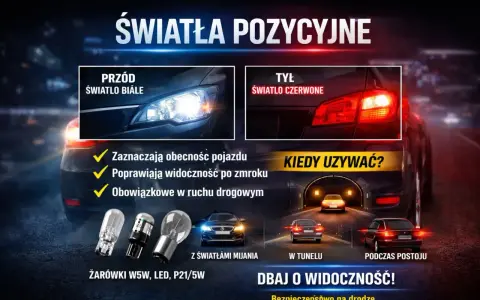 Światła postojowe: białe z przodu, czerwone z tyłu. Zwiększają widoczność w nocy i w tunelu. Bezpieczeństwo na drodze.