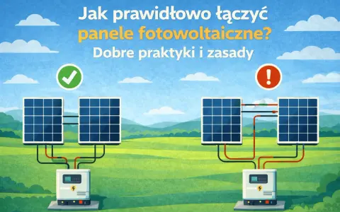 Ilustracja pokazuje prawidłowe i nieprawidłowe łączenie paneli fotowoltaicznych. Po lewej poprawny schemat z zielonym zaznaczeniem, po prawej błąd z czerwonym wykrzyknikiem.
