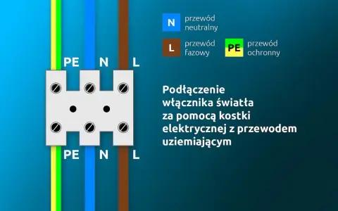 Schemat podłączenia włącznika światła podwójnego z przewodem ochronnym (PE) przez kostkę elektryczną.