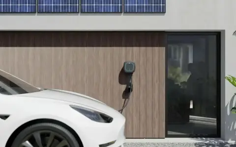 Białe auto elektryczne (BEV) podłączone do ładowarki przy nowoczesnym domu z panelami słonecznymi.