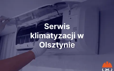 Ręka w białej rękawiczce naprawia klimatyzację. Napis: Serwis klimatyzacji w Olsztynie.