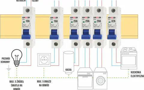 Schemat przedstawia różne rodzaje bezpieczników (10A, 16A, 20A, 32A) chroniących obwody: oświetlenie, gniazda, kocioł, zmywarkę i kuchenkę elektryczną.