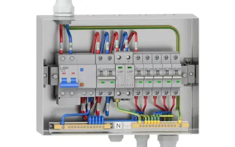 Wnętrze metalowej obudowy elektrycznej z wyłącznikami i przewodami. Widać bezpieczniki, listwy zaciskowe i oznaczenia L, N, PE. To profesjonalny rbk.