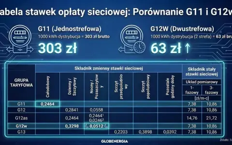 Porównanie taryfy urzędowej za prąd G11 (303 zł) i G12w (63 zł). Tabela pokazuje stawki zmienne i stałe dla różnych grup taryfowych.