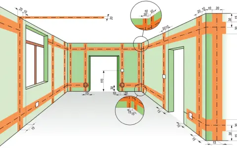 Schemat rozmieszczenia instalacji elektryka w domu. Pomarańczowe linie na zielonych ścianach pokazują przebieg przewodów i puszek.