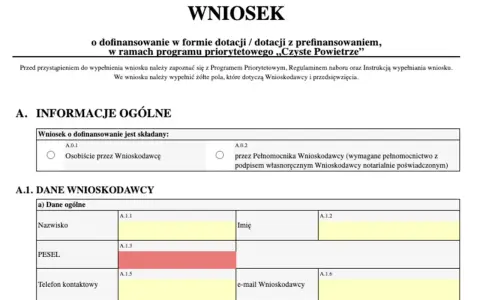 Formularz wniosku o dofinansowanie, sekcja "Dane Wnioskodawcy" zawiera pola na nazwisko, PESEL i dane kontaktowe.