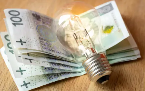 Żarówka na stosie banknotów 100 zł. Symbolizuje wysokie koszty energii i potrzebę wsparcia, np. dodatek energetyczny.