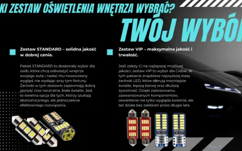 Zestawy żarówek LED do wnętrza auta: STANDARD i VIP. Wybierz swoje idealne światła drogowe dla nowoczesnego wyglądu i komfortu.