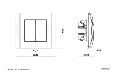 Rysunek techniczny przedstawia łącznik dwubiegunowy z dwoma klawiszami, z wymiarami 90,10 x 81,10 mm.