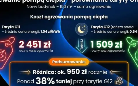Porównanie kosztów ogrzewania pompą ciepła: taryfa G11 to 2451 zł rocznie, a taryfa G12 to 1509 zł. Oszczędność ponad 38%!