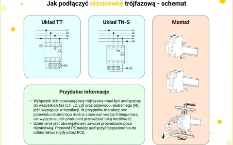 Schemat podłączenia różnicówki trójfazowej: układy TT i TN-S, montaż na szynie DIN. Informacje o podłączaniu faz, przewodu neutralnego i uziemienia.