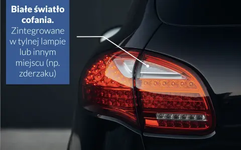 Białe światło cofania zintegrowane w tylnej lampie lub innym miejscu, np. zderzaku.