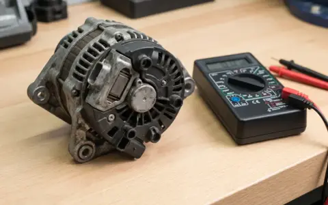 Uszkodzony regulator napięcia objawy: alternator i multimetr na drewnianym stole.