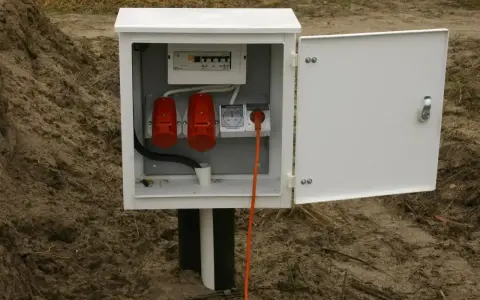 Skrzynka elektryczna na działce bez domu, gotowa do podłączenia prądu. Widoczne gniazda i zabezpieczenia.
