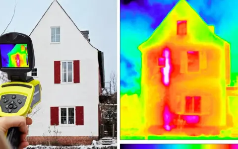 Kamera termowizyjna pokazuje dom, ujawniając **mostki termiczne** jako jasne, gorące plamy.