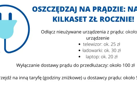 Grafika z wtyczką symbolizującą oszczędzanie prądu. Podano sposoby na obniżenie rachunków za prąd, np. odłączanie urządzeń.