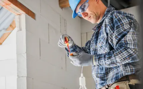 Elektryk w kasku i okularach montuje oprawkę żarówki. Sprawdź nasze usługi elektryczne cennik.